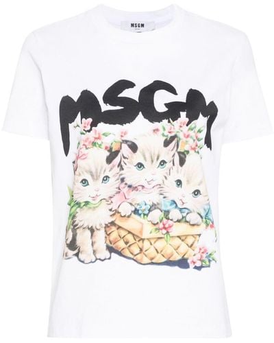 MSGM Cats-print Cotton T-shirt - White