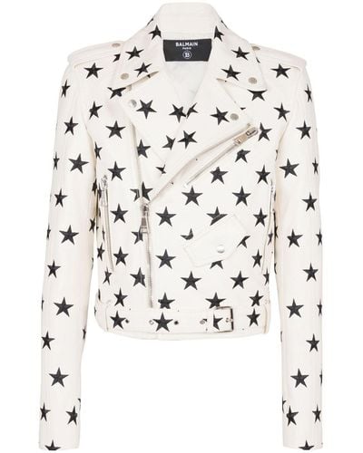 Balmain Stars Embroidered Leather Biker Jacket - White