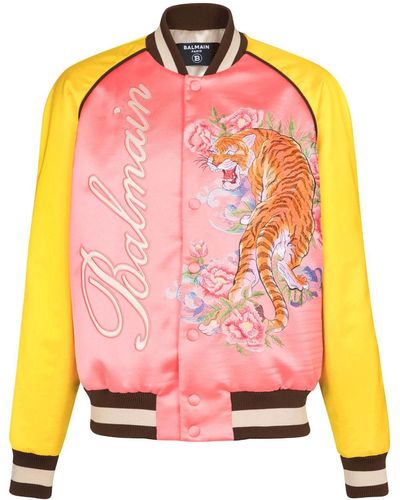 Balmain Tiger-embroidered Satin Bomber Jacket - Pink