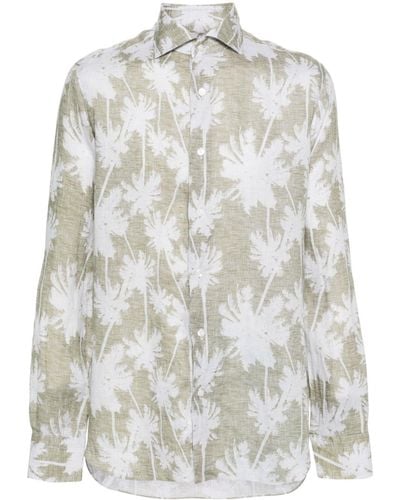 Barba Napoli Palm-tree Print Linen Shirt - Gray