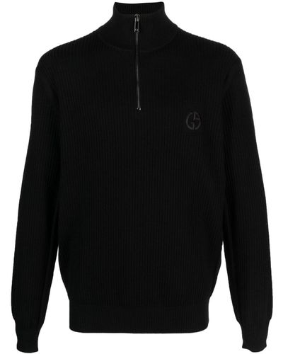 Giorgio Armani Logo-embroidered Half-zip Wool Sweater - Black