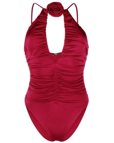 Noire Swimwear Geraffter Badeanzug mit Blumenapplikation - Rot