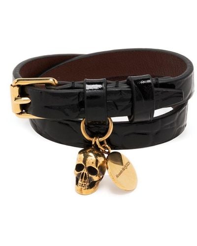 Alexander McQueen Bracelet en cuir à double tour - Noir