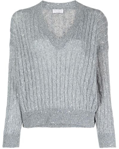 Brunello Cucinelli Sequin-detail Cable-knit Sweater - Grey