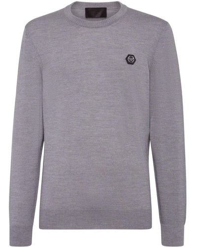 Philipp Plein Logo-patch Fine-knit Sweater - Grey