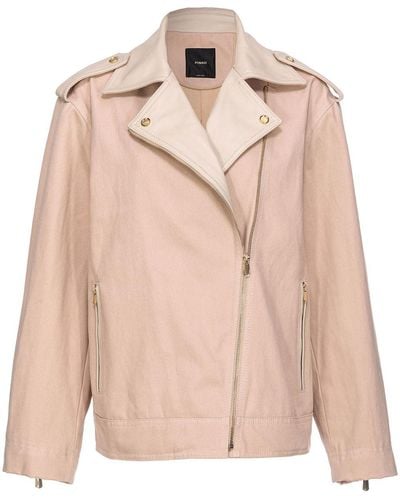 Pinko Leather-trim Cotton Biker Jacket - Natural