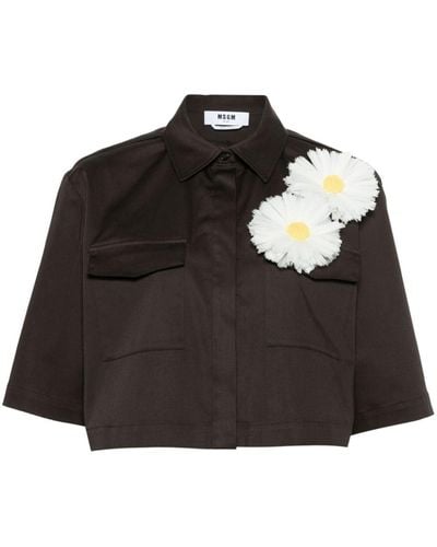 MSGM Camicia semi trasparente con applicazione a fiori - Nero