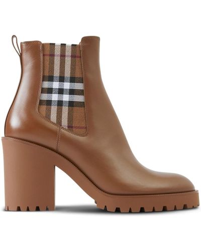 Burberry Check Panel 70mm Leather Ankle Boots - Brown