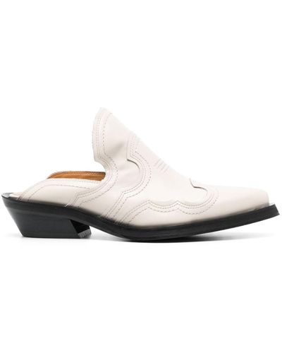 Ganni 40mm Embroidered Western Leather Mules - White