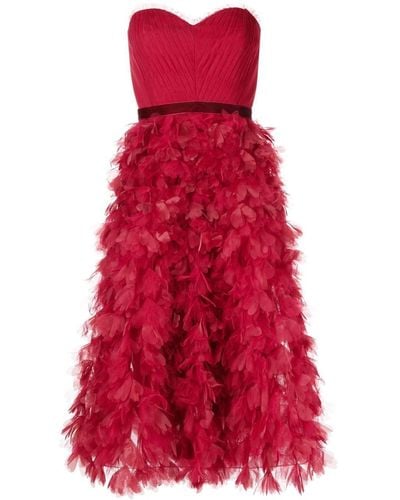 Marchesa Strapless Ruffled Midi Dress - Red