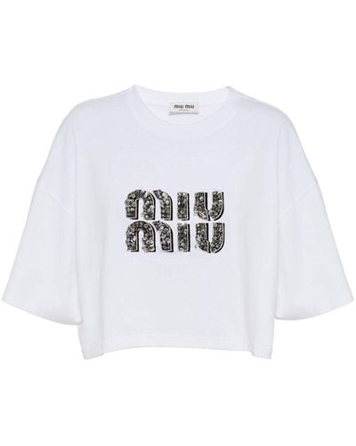 Miu Miu T-shirt en coton à ornements en cristal - Blanc