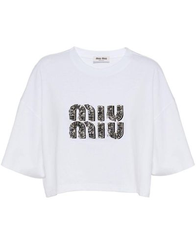 Miu Miu Crystal-embellished Cotton T-shirt - White