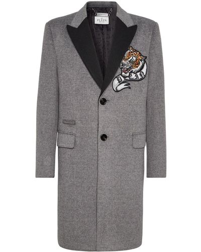 Philipp Plein Tiger-patch Single-breasted Coat - Grey