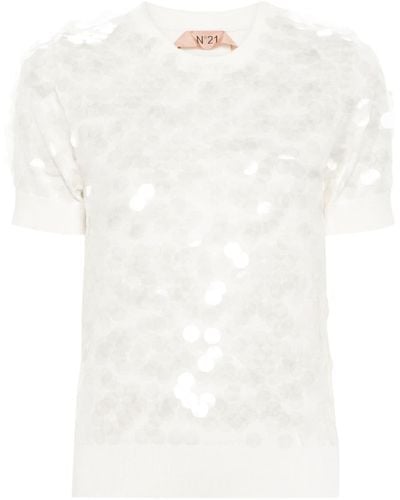 N°21 T-Shirt mit Pailletten - Weiß