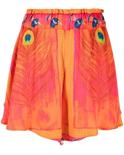 DEPENDANCE Peacock-print High-waist Shorts - Orange