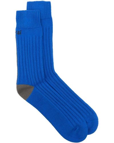 Sacai Chaussettes nervurées à logo en intarsia - Bleu