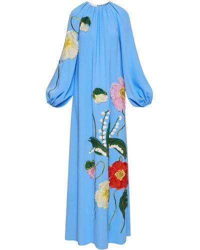 Oscar de la Renta Painted Poppies & Lily-embroidered Kaftan Maxi Dress - Blue