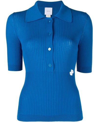 Patou Embroidered Logo Knitted Polo Top - Blue