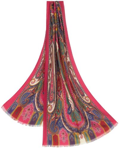 Etro Paisley-Print Frayed-Edge Cashmere-Blend Scarf - Red
