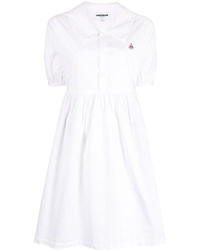Chocoolate Puff-sleeve Polo Dress - White