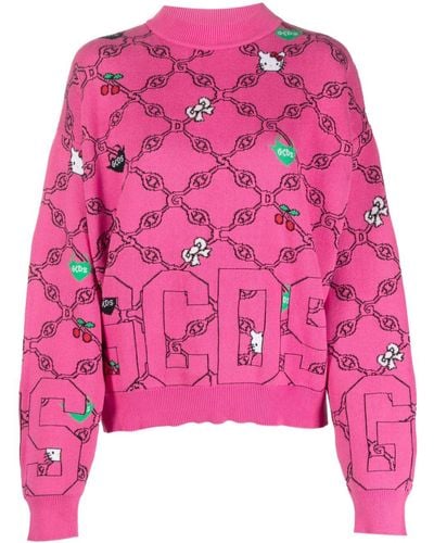 Gcds X Hello Kitty Patterned-intarsia-knit Sweatshirt - Pink
