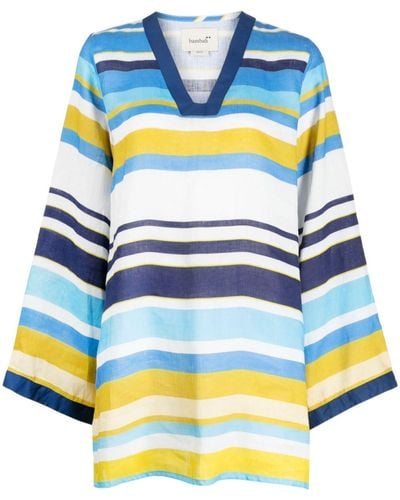 Bambah Rainbow V-neck Linen Tunic - Blue