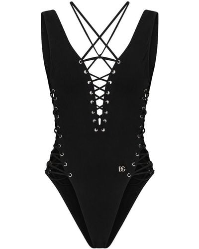 Dolce & Gabbana Logo-lettering Tie-fastening Swimsuit - Black