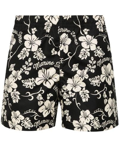 Marine Serre Hawaian-print Elasticated Swim Shorts - Black