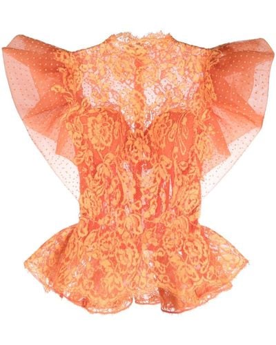 Gemy Maalouf Wide-sleeves Floral-lace Top - Orange