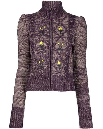Cormio Emma Floral-embroidered Zip-up Cardigan - Purple