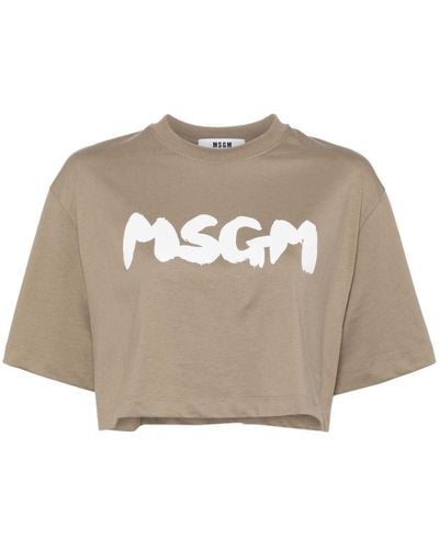 MSGM Logo-Print Cropped T-Shirt - Metallic