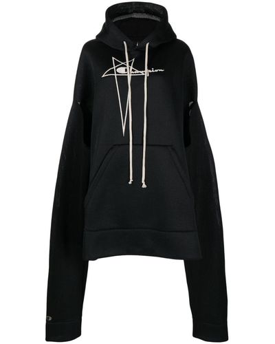 Rick Owens Logo-embroidered Pocketed Hoodie - Black