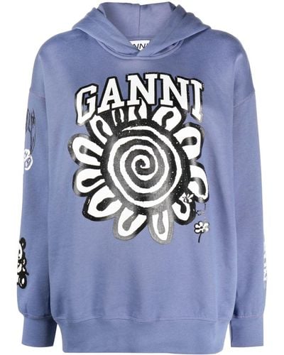 Ganni Printed Cotton Hoodie - Blue