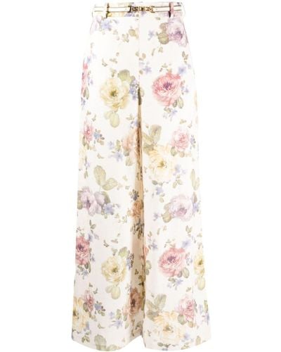 Zimmermann Floral-print Linen Wide-leg Trousers - White