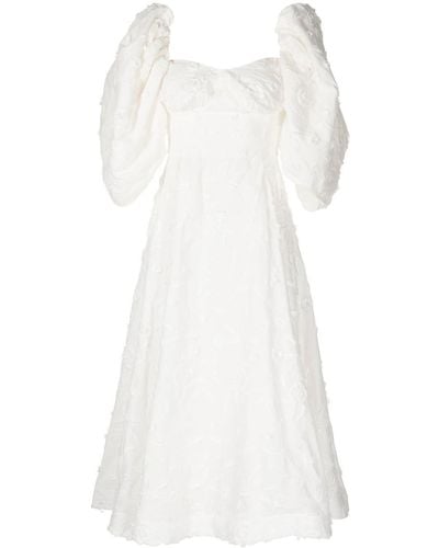 ANOUKI Puff-sleeve Floral-embroidered Midi Dress - White