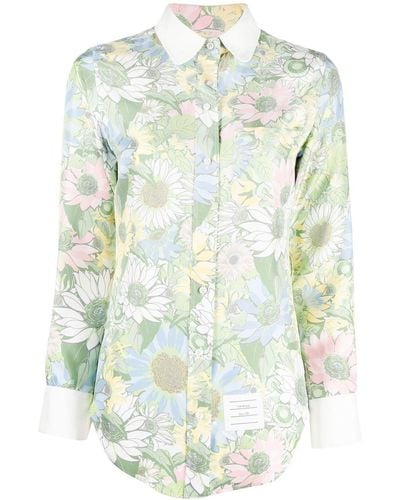 Thom Browne Floral-print Silk Shirt - Green