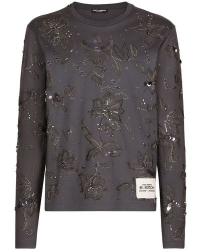 Dolce & Gabbana Embroidered Long-sleeved Cotton T-shirt - Grey