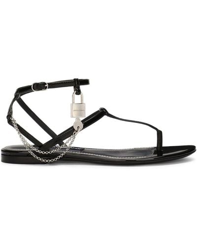Dolce & Gabbana Padlock Patent-leather Flat Sandals - Black