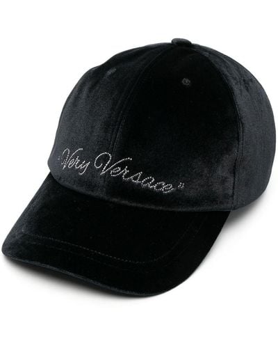 Versace Rhinestone Logo Velvet Cap - Black