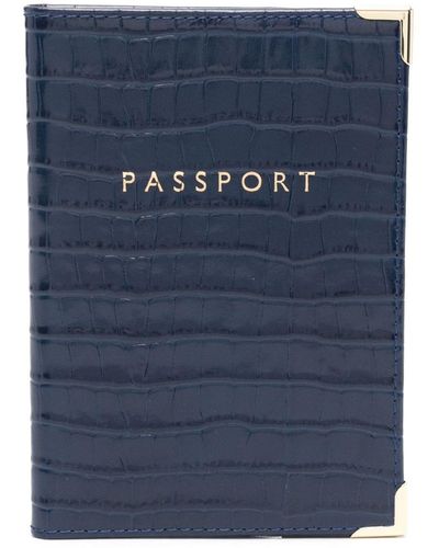 Aspinal of London クロコエンボスレザー パスポートケース - ブルー