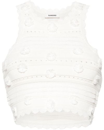 Sandro Frayed-appliqués Knitted Crop Top - White