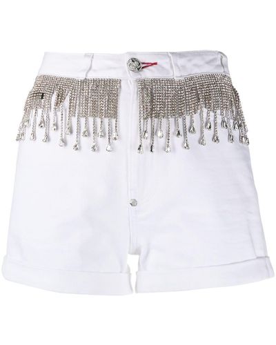 Philipp Plein Crystal Fringe-embellished Denim Shorts - White