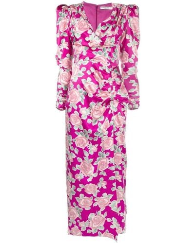 Alessandra Rich Rose Print Silk Midi Dress - Pink