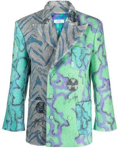 ERL Multicoloured Floral-print Double-breasted Blazer - Men's - Wool/viscose/polyester - Blue