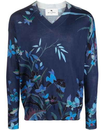 Etro Floral-print V-neck Sweater - Blue