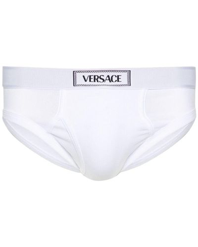 Versace Gerippter Slip mit Logo-Bund - Weiß