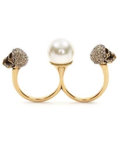 Alexander McQueen Antiqued Gold Double Pearl Skull Ring - Metallic