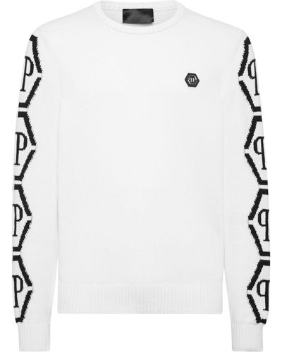 Philipp Plein Hexagon Intarsia-knit Logo Jumper - White