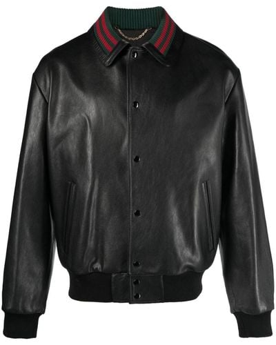Gucci Web-collar Leather Bomber Jacket - Black
