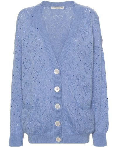 Alessandra Rich Rhinestone-embellished Pointelle-knit Cardigan - Blue